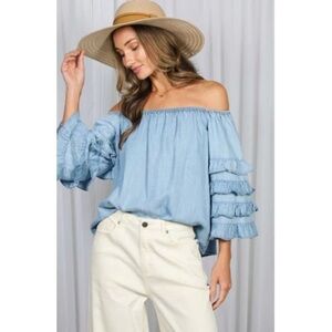 BRAND NEW WITH TAGS Light Denim Off-The-Shoulder Ruffle Sleeve Top